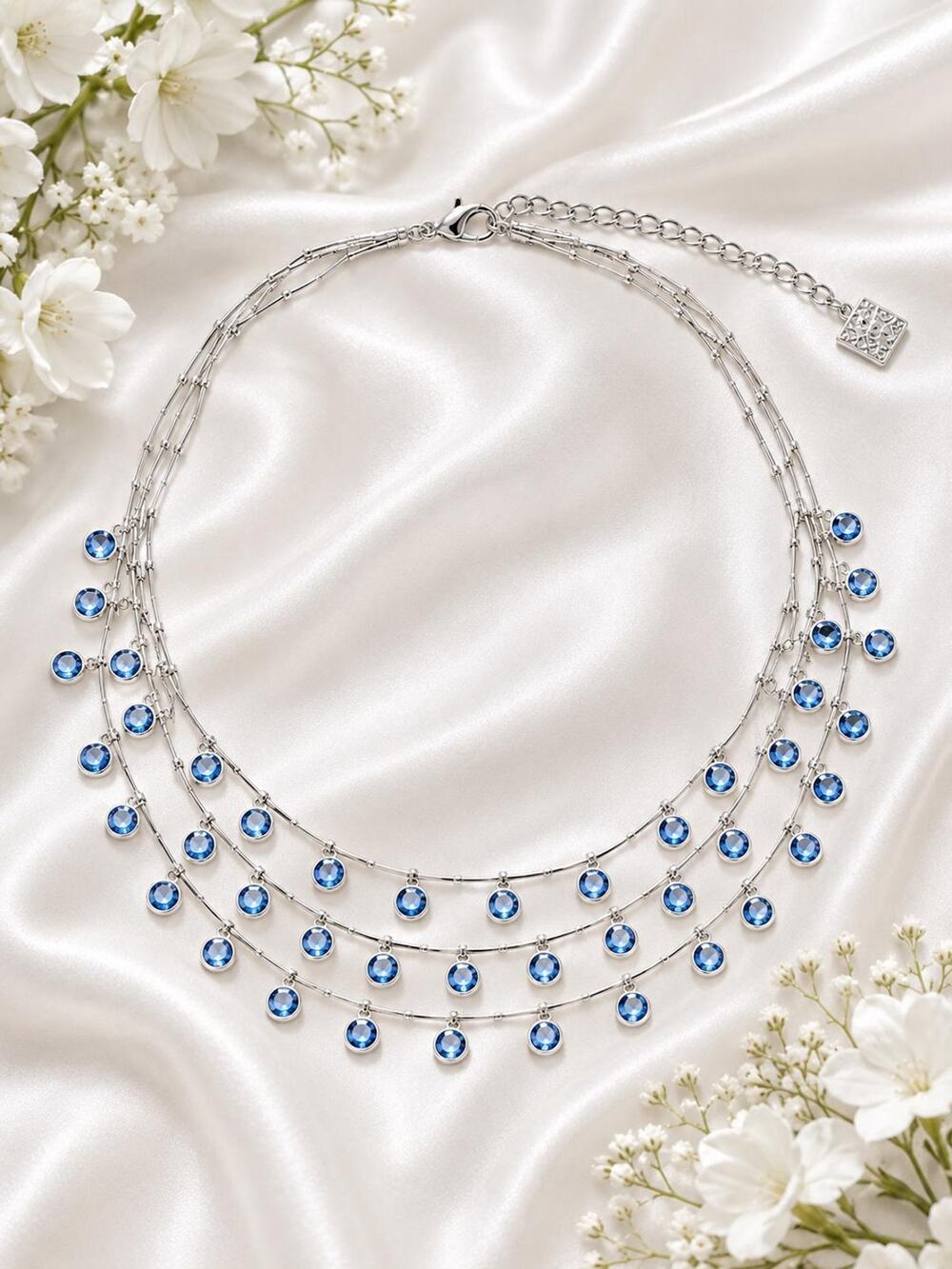 Anne Klein Sky Blue Crystal Layered Necklace – Signed Lion Logo Silver Tone